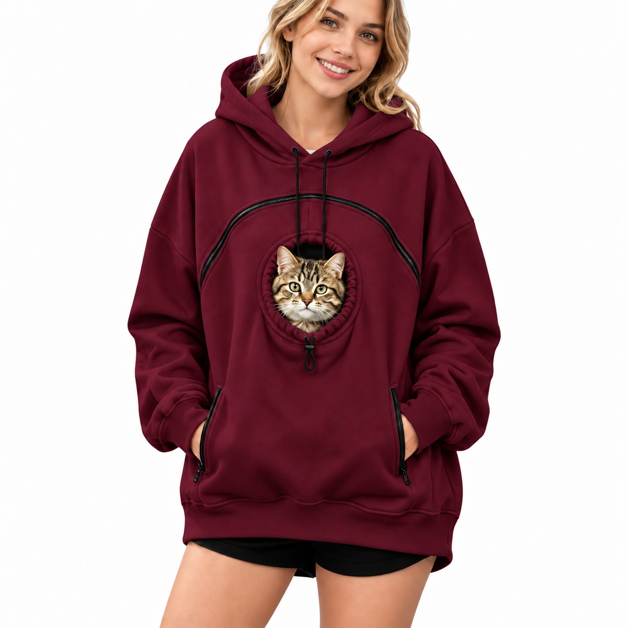 Burgundy women's fleece-lined pet pouch hoodie with cat