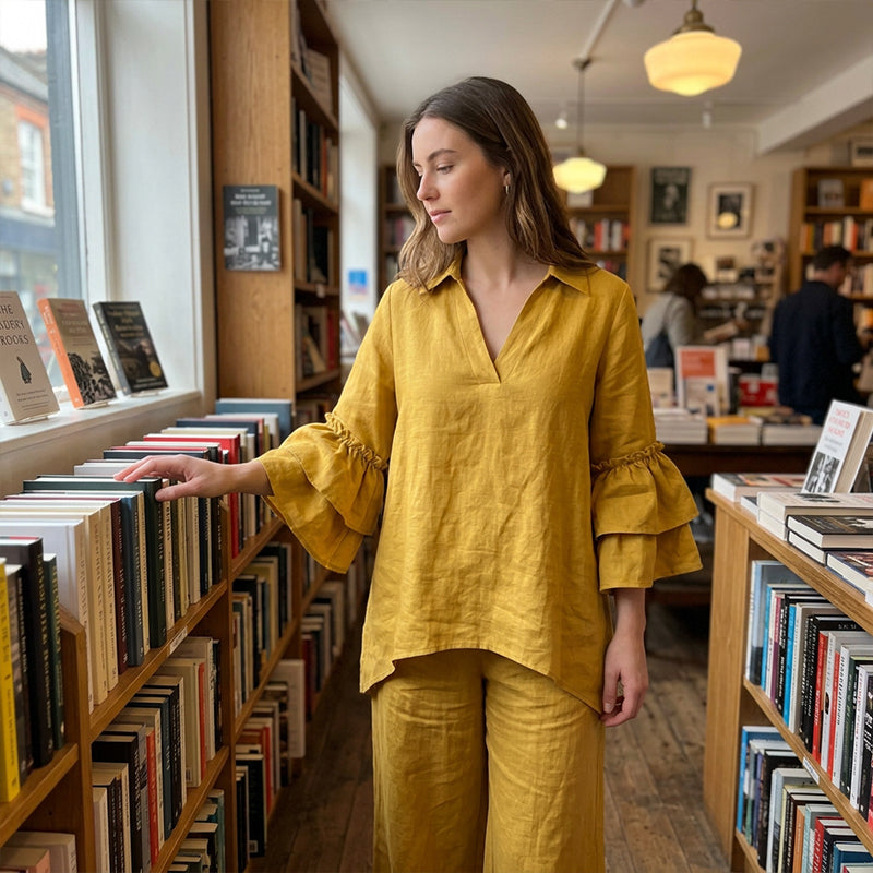 Woman wearing the set while browsing a bookstore