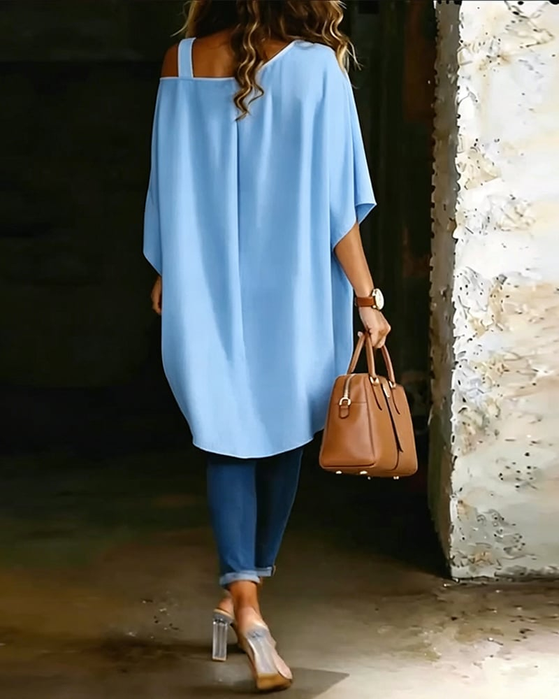 Asymmetric Cold-Shoulder Solid Color Casual Blouse