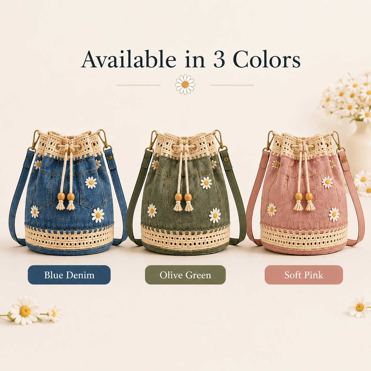 Costcrow daisy bucket bag available in blue denim olive green and soft pink