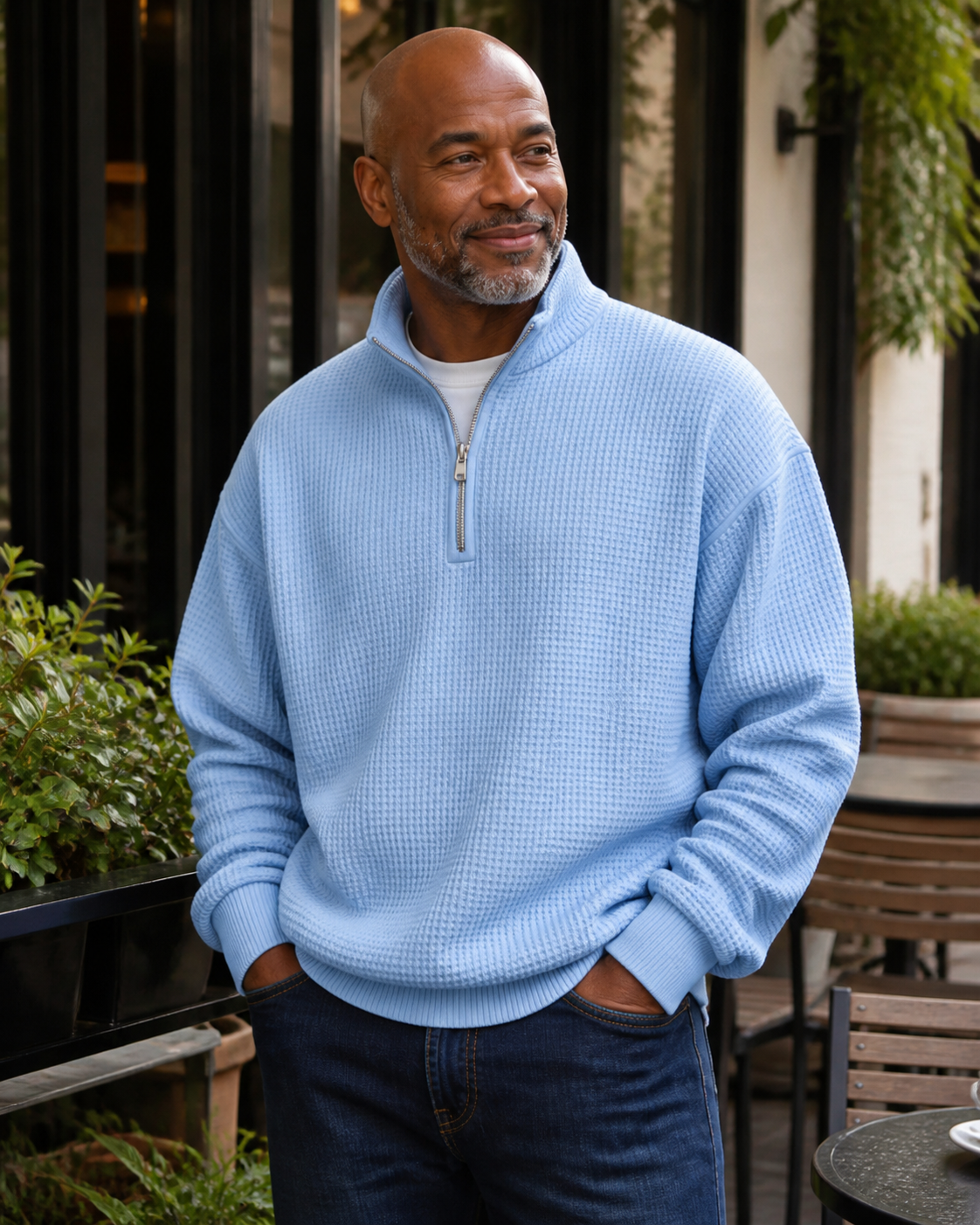 Mature man wearing the Costcrow light blue waffle-knit half-zip pullover at a cafe