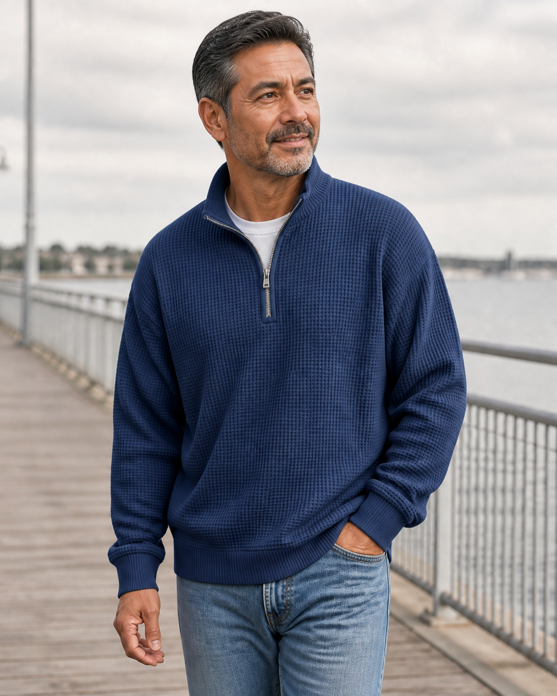 Mature Latino American man wearing the Costcrow navy waffle-knit half-zip pullover on a waterfront walk