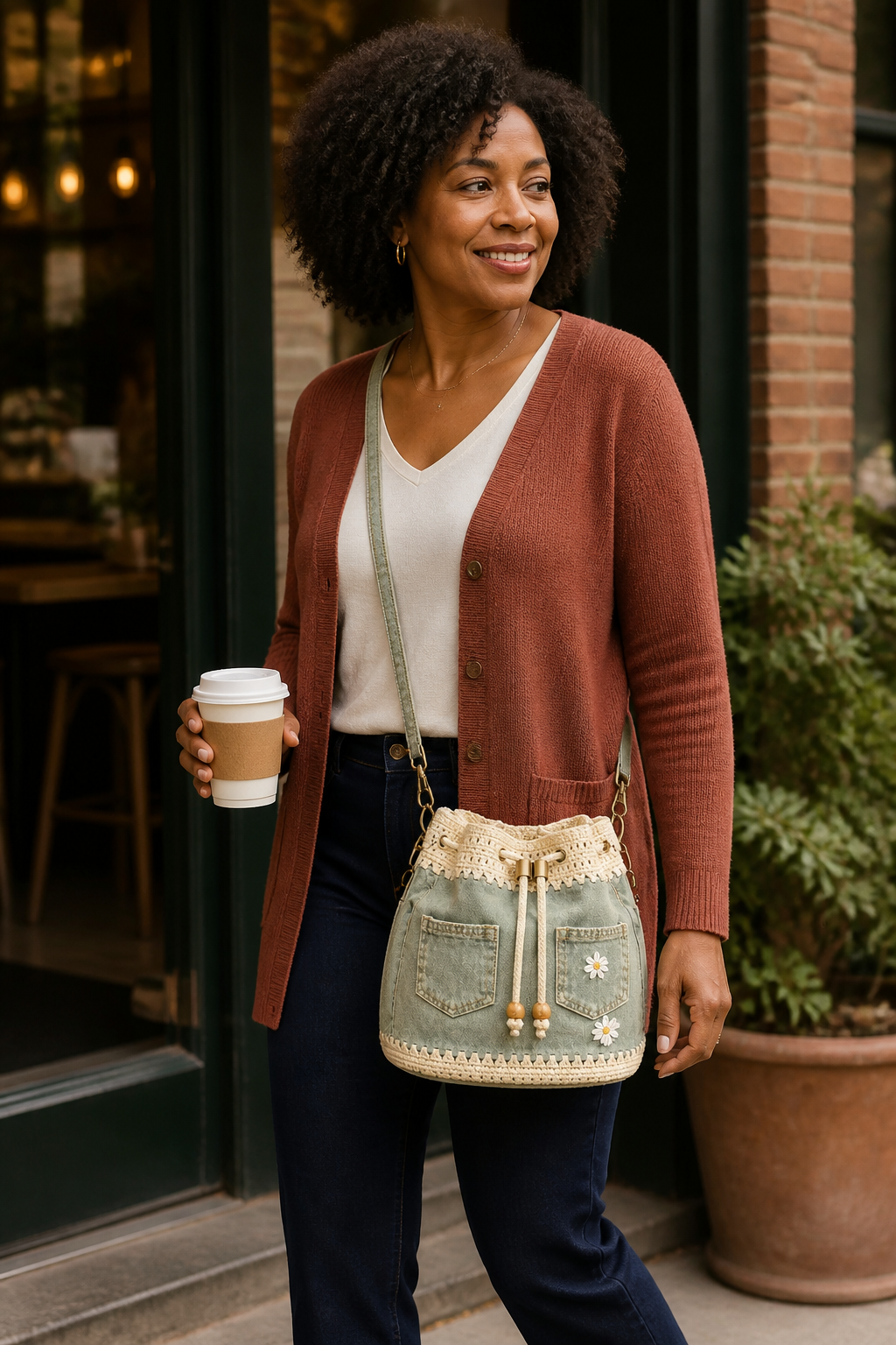 Woman carrying the olive green Costcrow daisy bucket crossbody bag outside a cafe