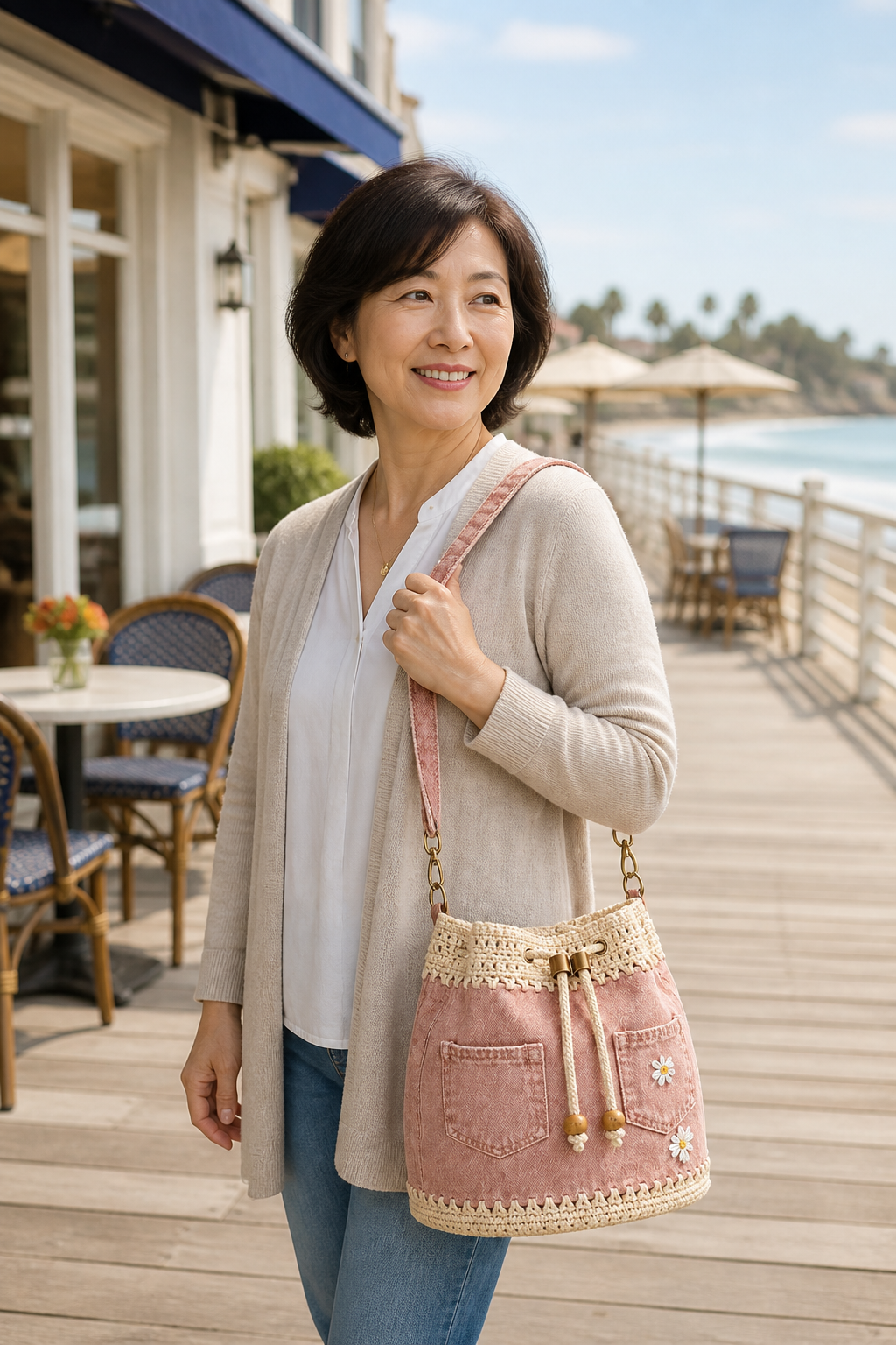 Mature woman carrying the soft pink Costcrow daisy bucket shoulder bag on a coastal boardwalk