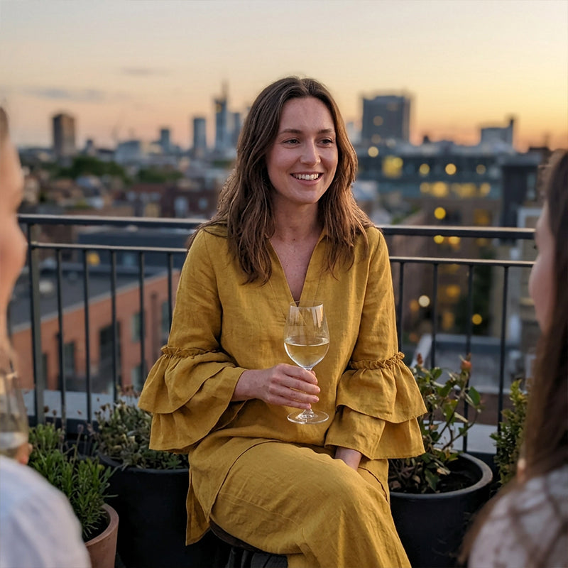 Woman wearing the set at an evening gathering