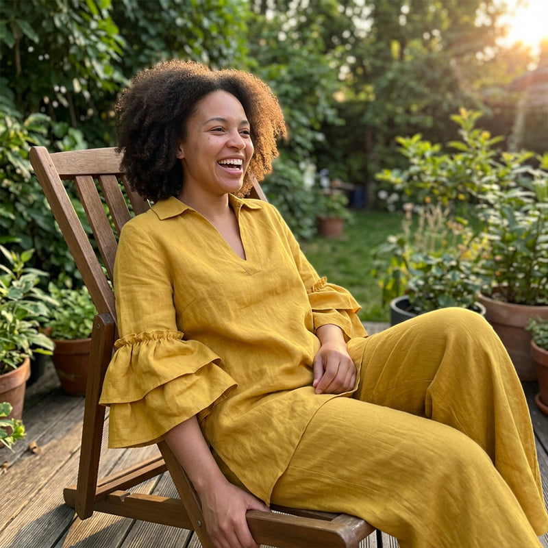 Woman relaxing outdoors in the two-piece set