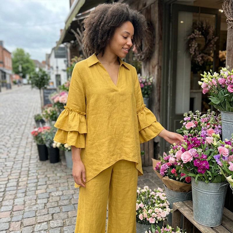 Woman wearing the set at a flower market