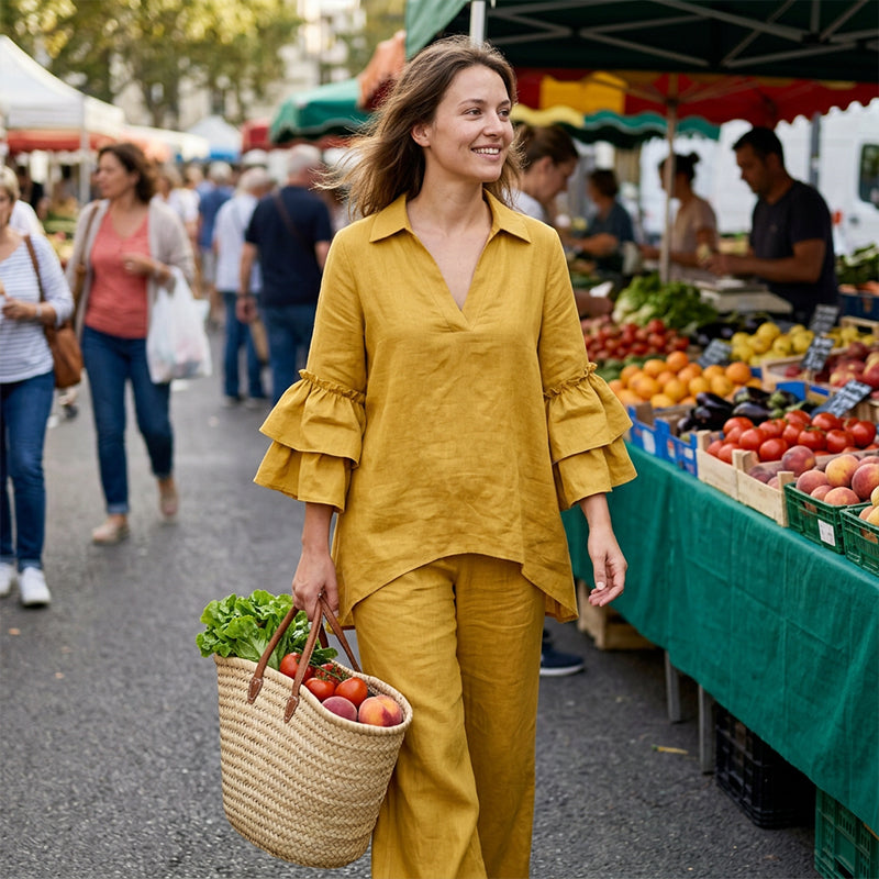 Woman shopping at a market in the mustard set