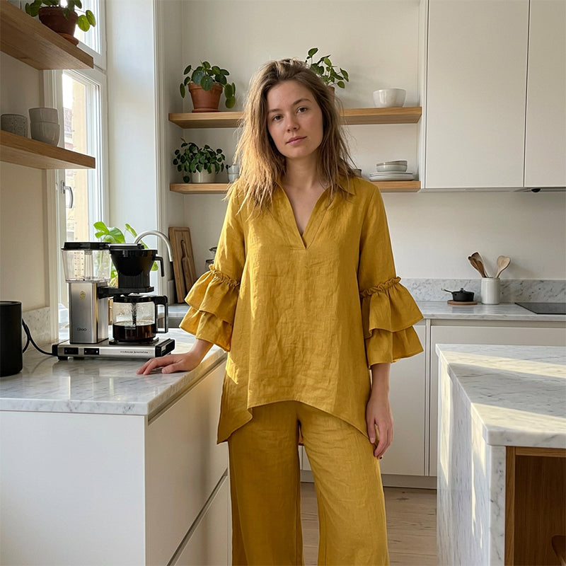 Woman wearing the two-piece set at home