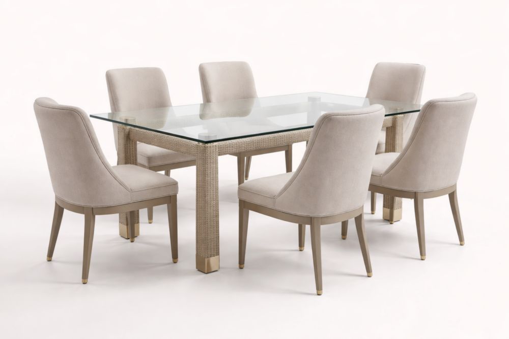 Essgruppe aus Glas mit 6 Polsterstühlen Beige
