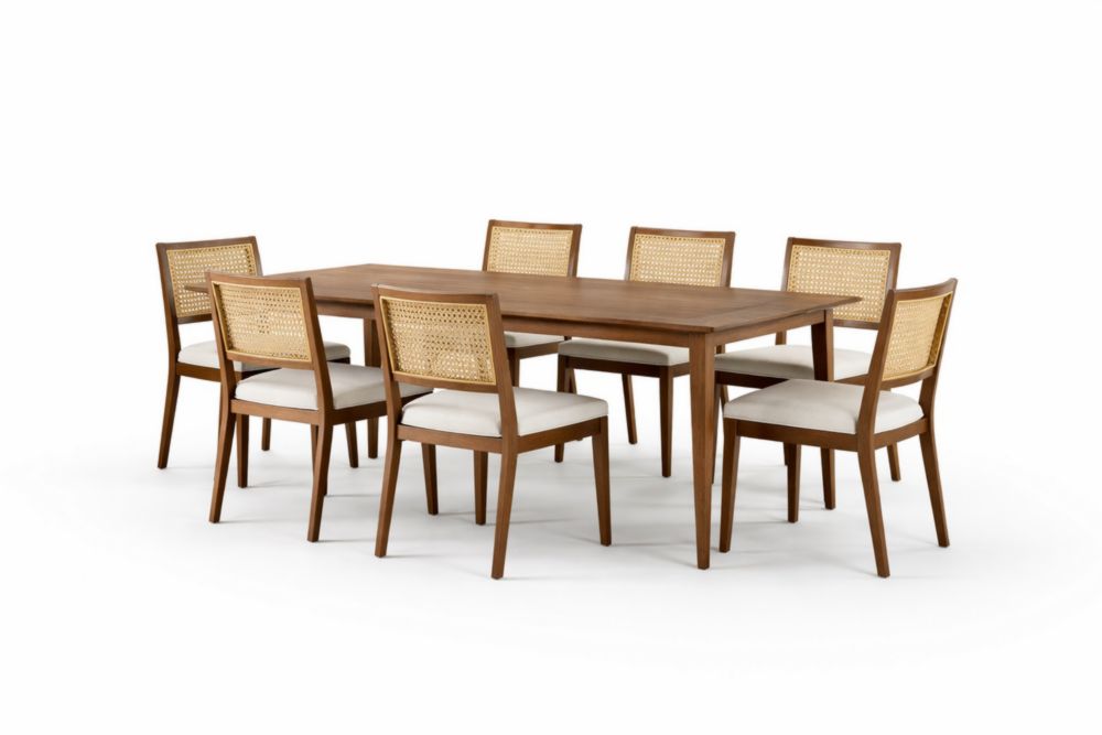 Esstisch-Set aus Massivholz mit 7 Stühlen Rattangeflecht Beige