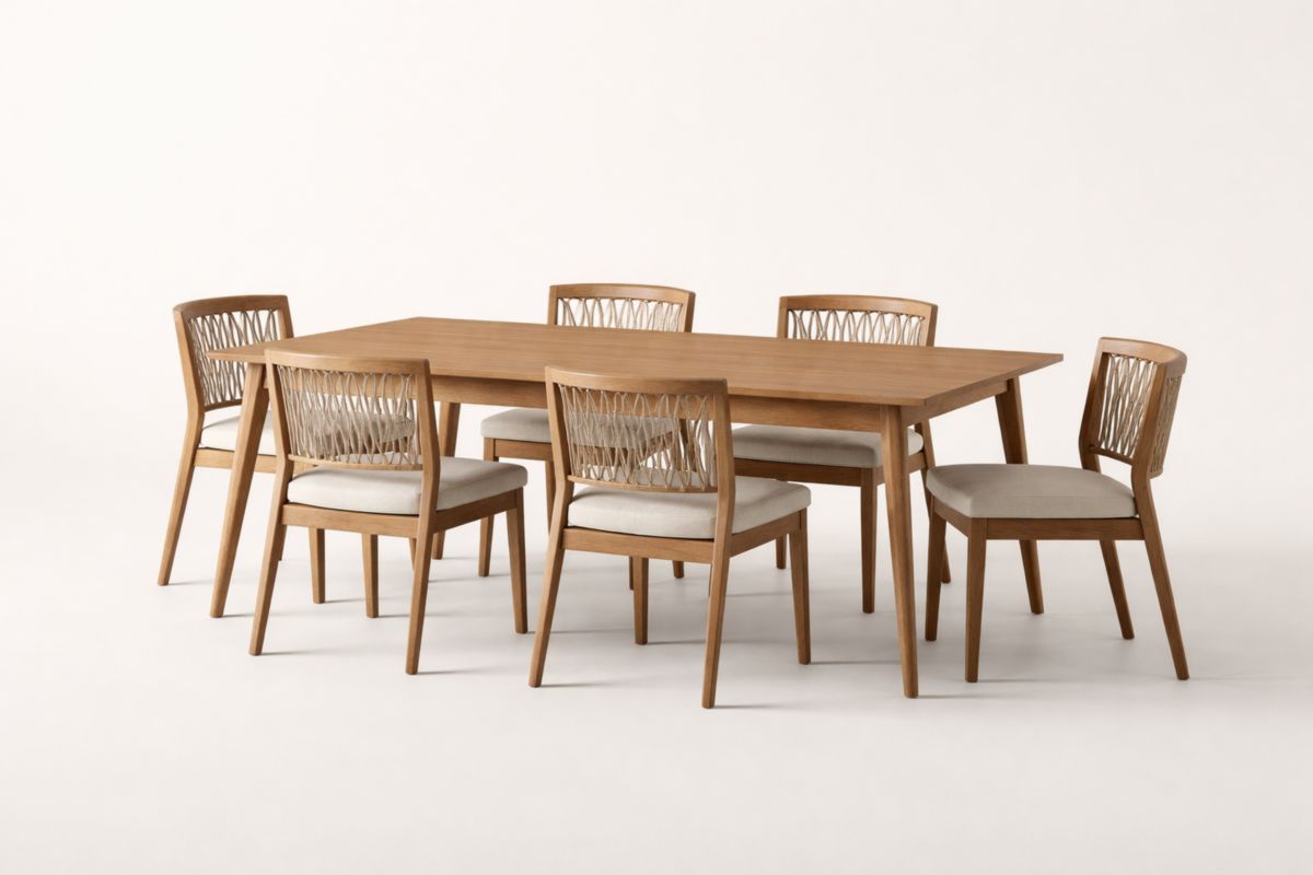 Massivholz Esstisch-Set mit 6 Stühlen, Rechteckig, Beige