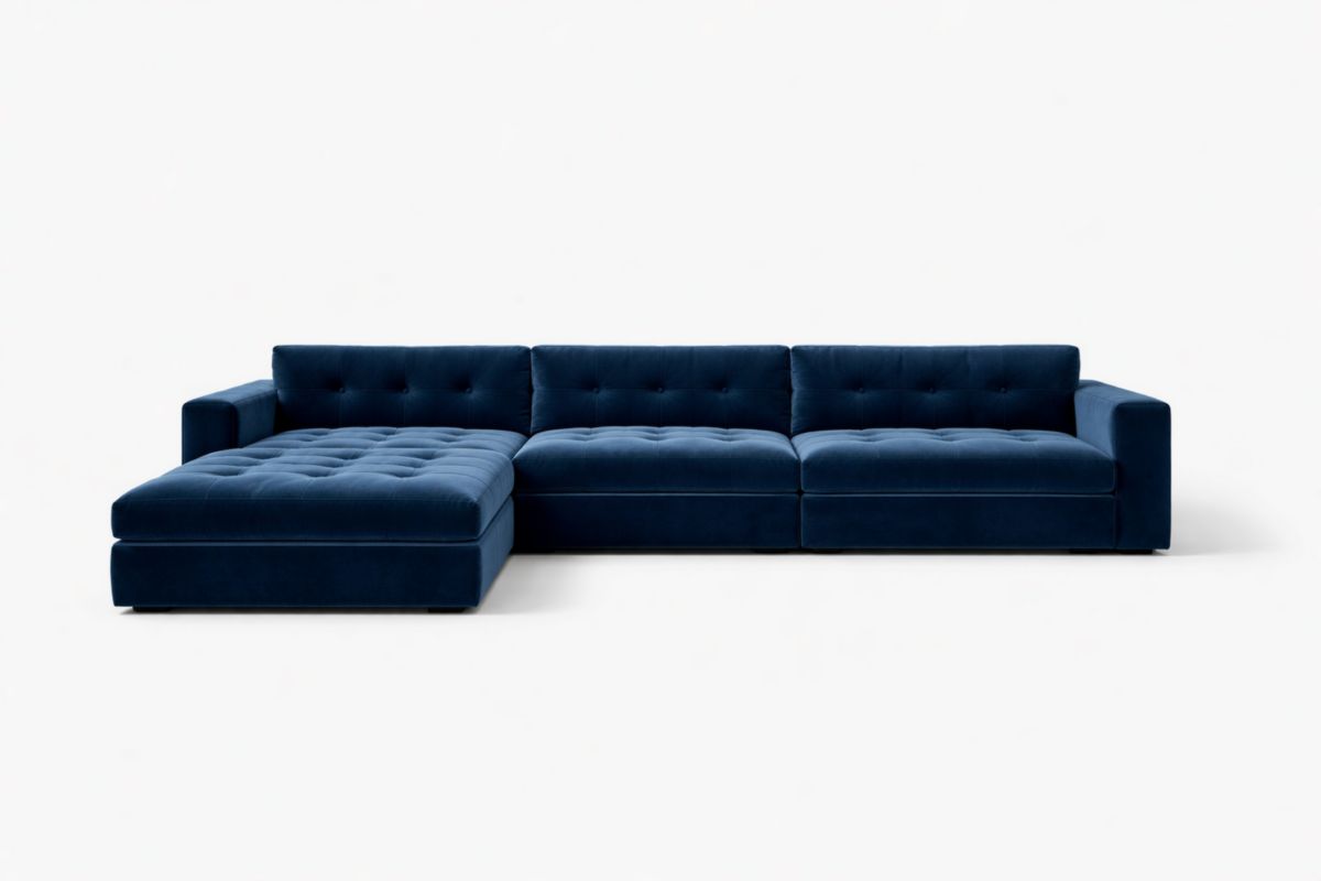 Ecksofa mit Chaiselongue aus Samt Dunkelblau
