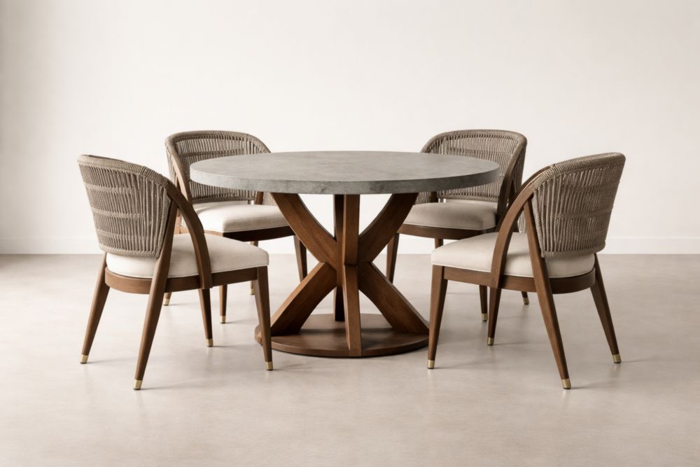 Runder Esstischset aus Eichenholz mit Tischplatte in Betonoptik und Rattanstühlen,Grau/Braun