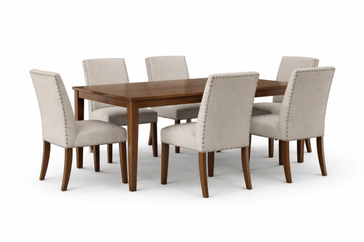 Esstisch-Set, rechteckig, aus Massivholz mit Polyesterpolsterung, Natur