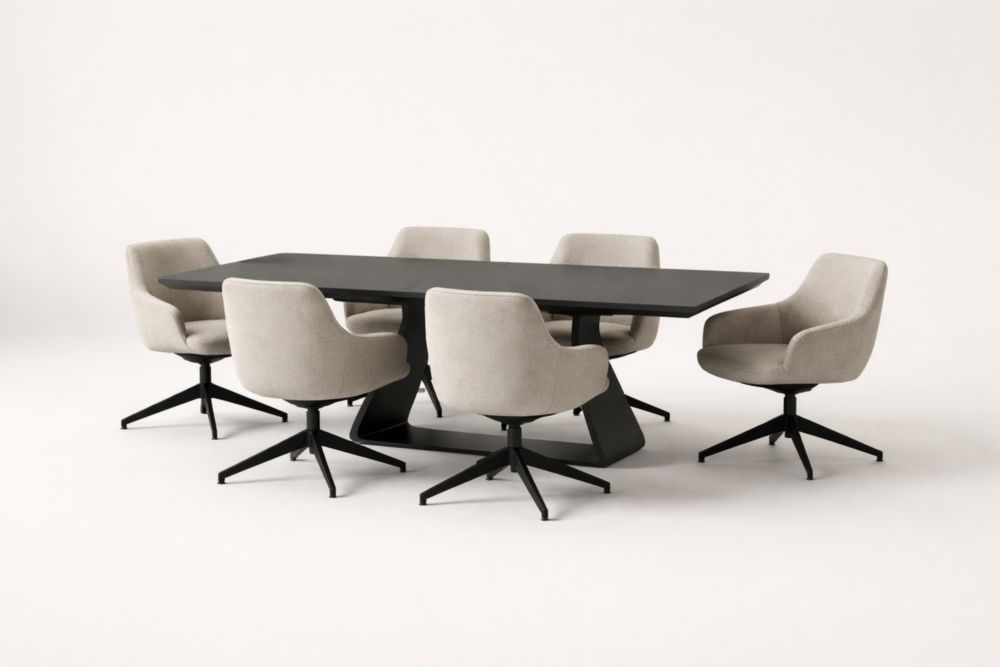 Essgruppe mit 6 drehbaren Stühlen aus Polyestersamt in Hellgrau und Tisch aus MDF mit Stahlgestell, Schwarz