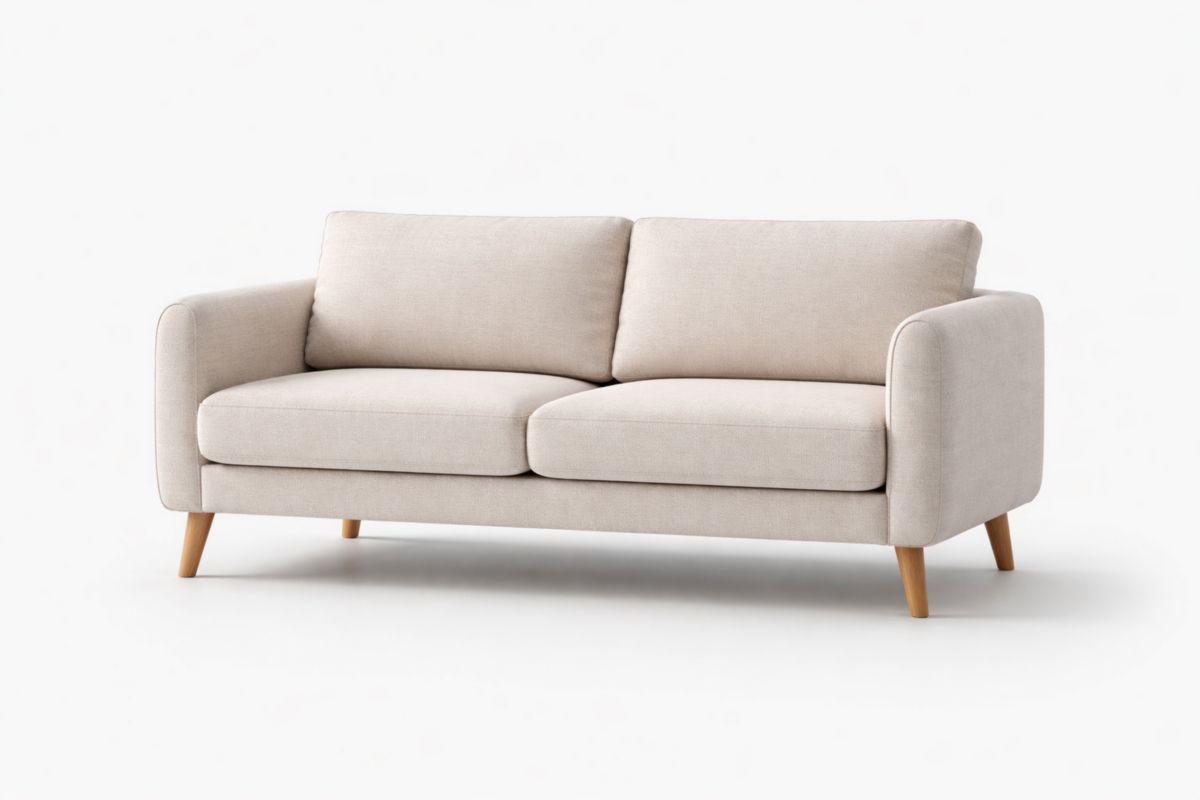 2-Sitzer Sofa aus Leinenstoff, Beige, mit Hartholzbeinen