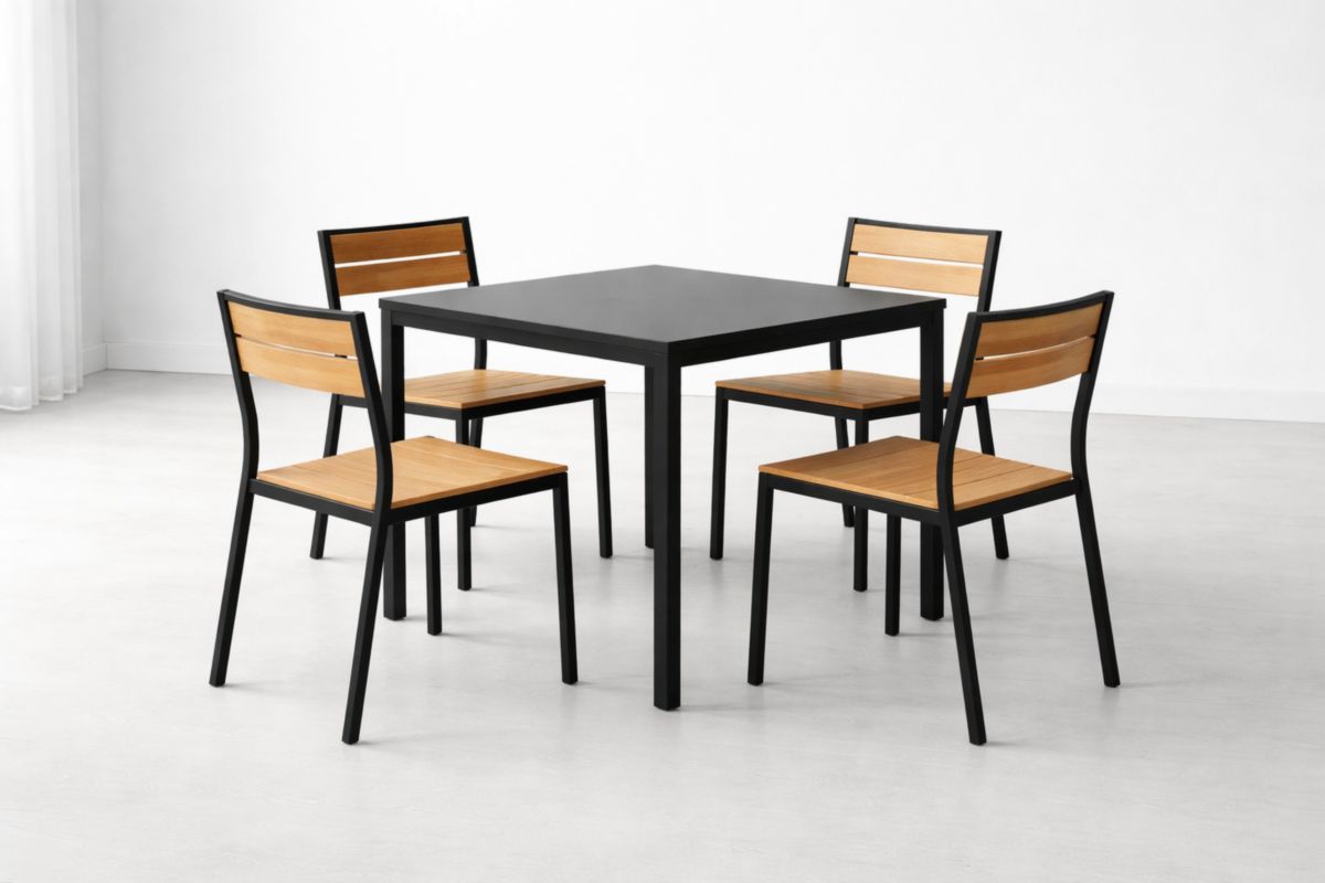 Essgruppe aus Stahl und Eichenholz, Tisch mit Stühlen, Schwarz