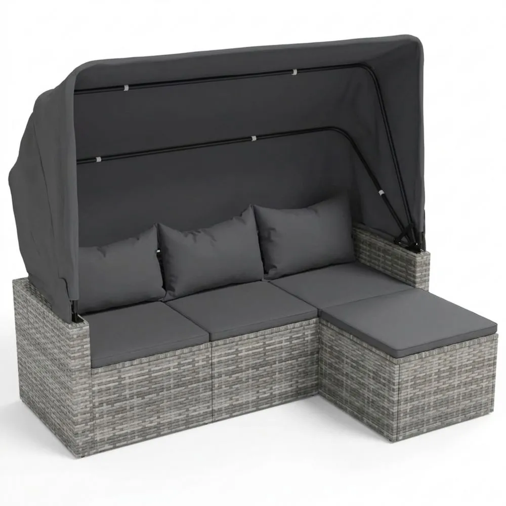 Gartensofa für drei Personen mit Verdeck und Fußhocker, wetterfest