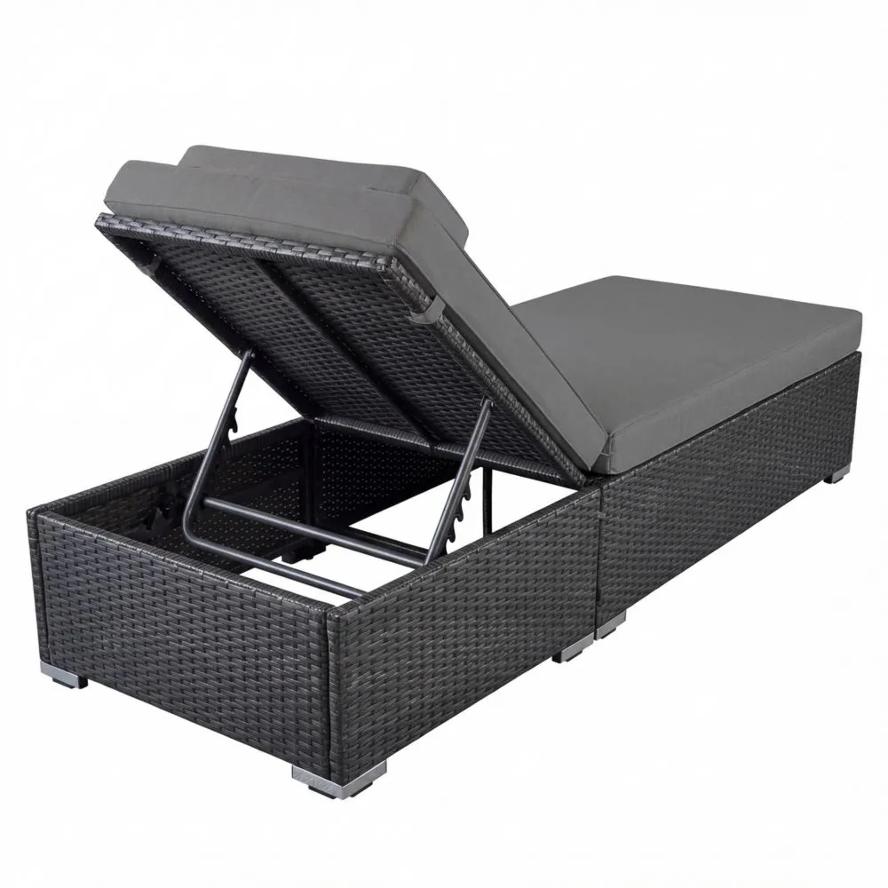 Verstellbare Sonnenliege aus Poly-Rattan mit großer Liegefläche und Kissen