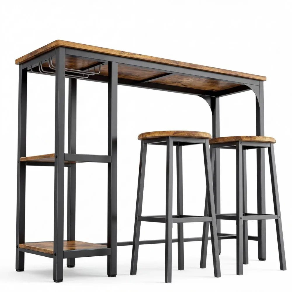 Bartisch mit Hocker für 2 Personen, Tischset mit Ablagen und Glashalter