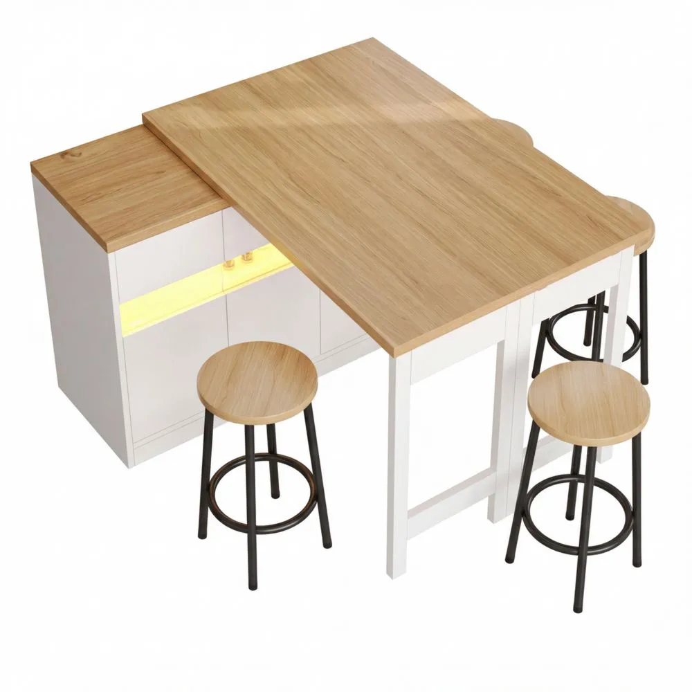 Moderner ausziehbarer Bartisch mit Stauraum und LED-Beleuchtung, drehbar 360°, für Wohnzimmer und Esszimmer, Weiß