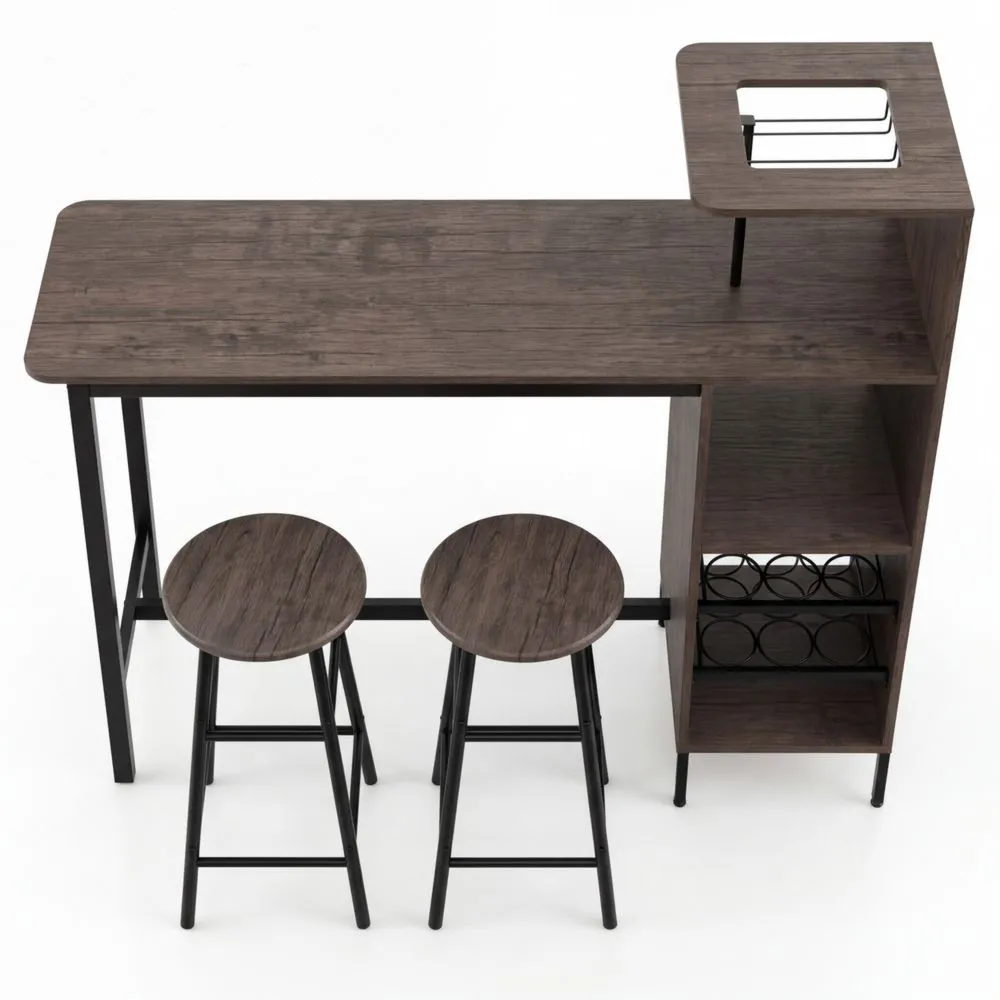 Bartisch mit Hockern, Küchentheke mit Regal & Glashalter, Tisch für 2 Personen