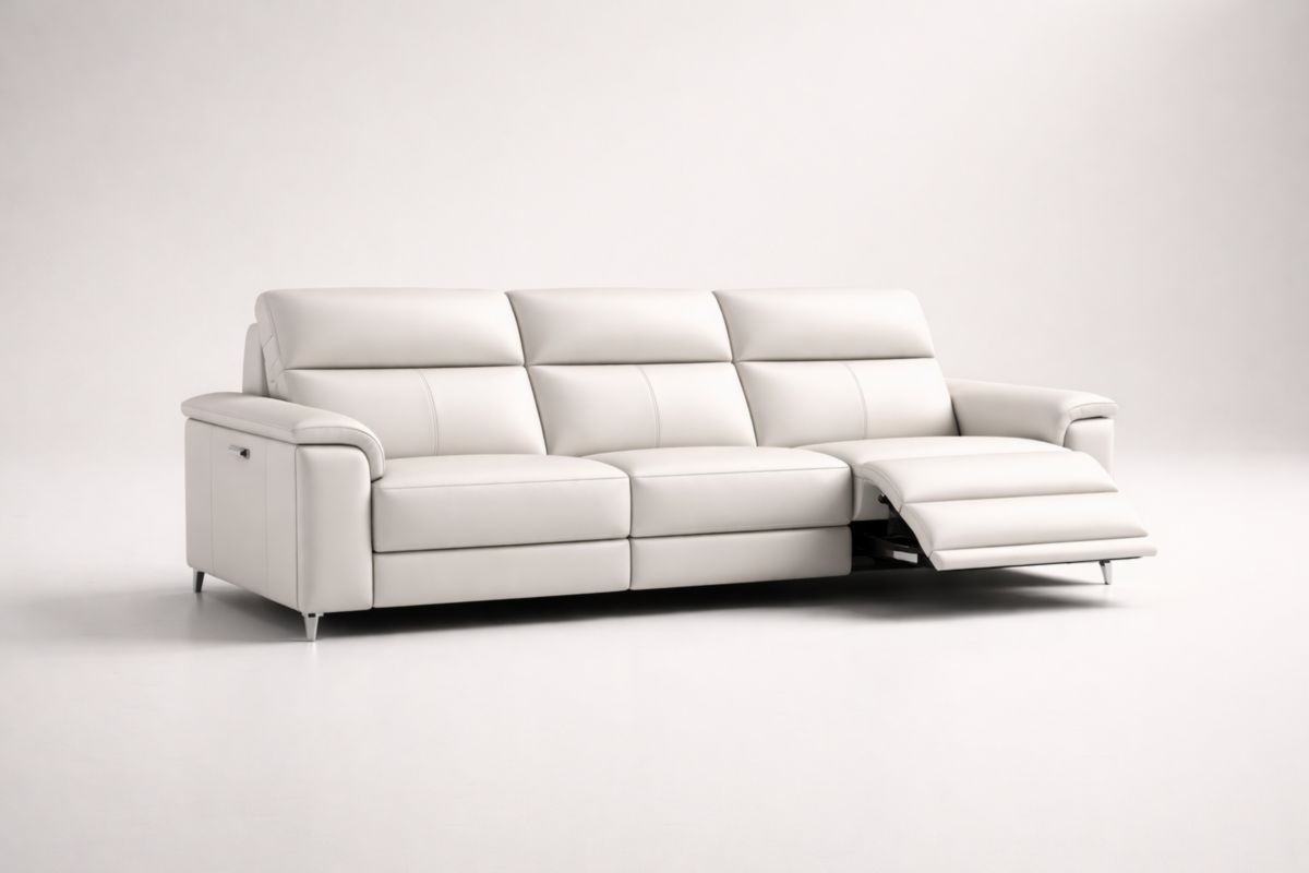 3-Sitzer Long-Sofa aus Kunstleder, Weiß, mit elektrischer Relaxfunktion, Länge 235 cm