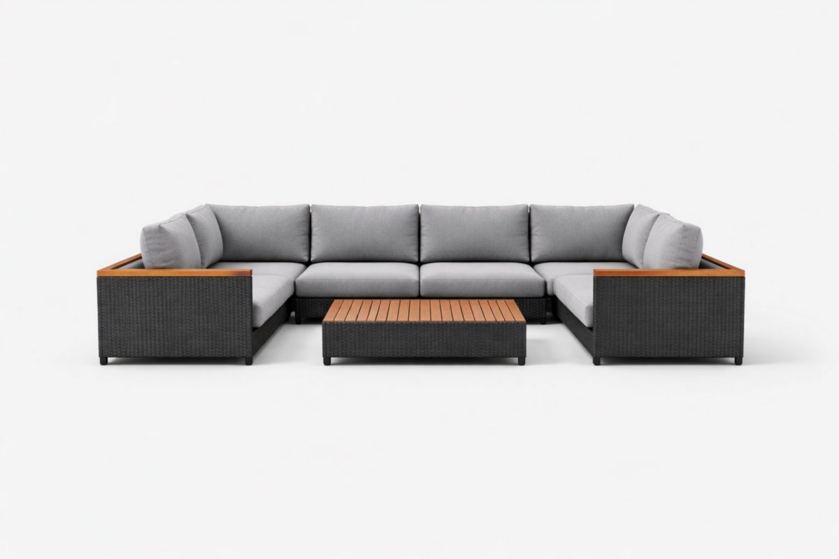 Modulares Gartensofa-Set aus Rattan mit Akazienholztisch