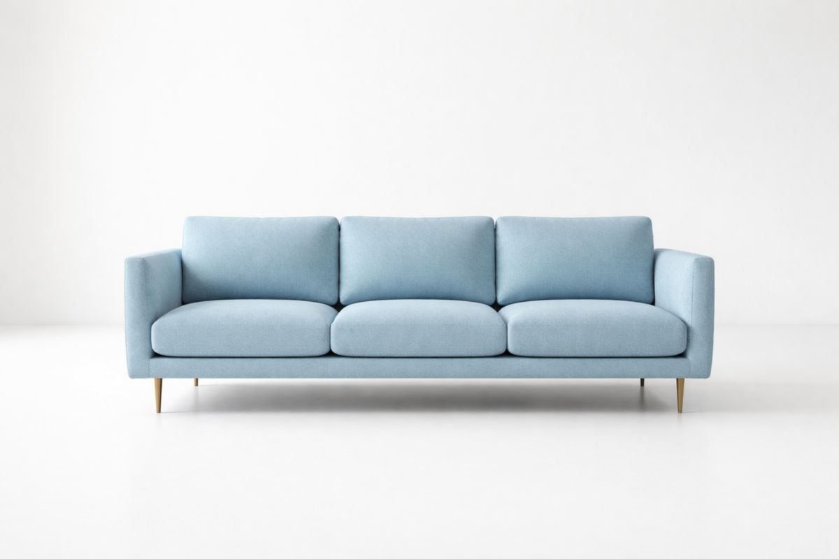 3-Sitzer Long-Sofa aus Polyesterstoff, Hellblau, mit Massivholzbeinen