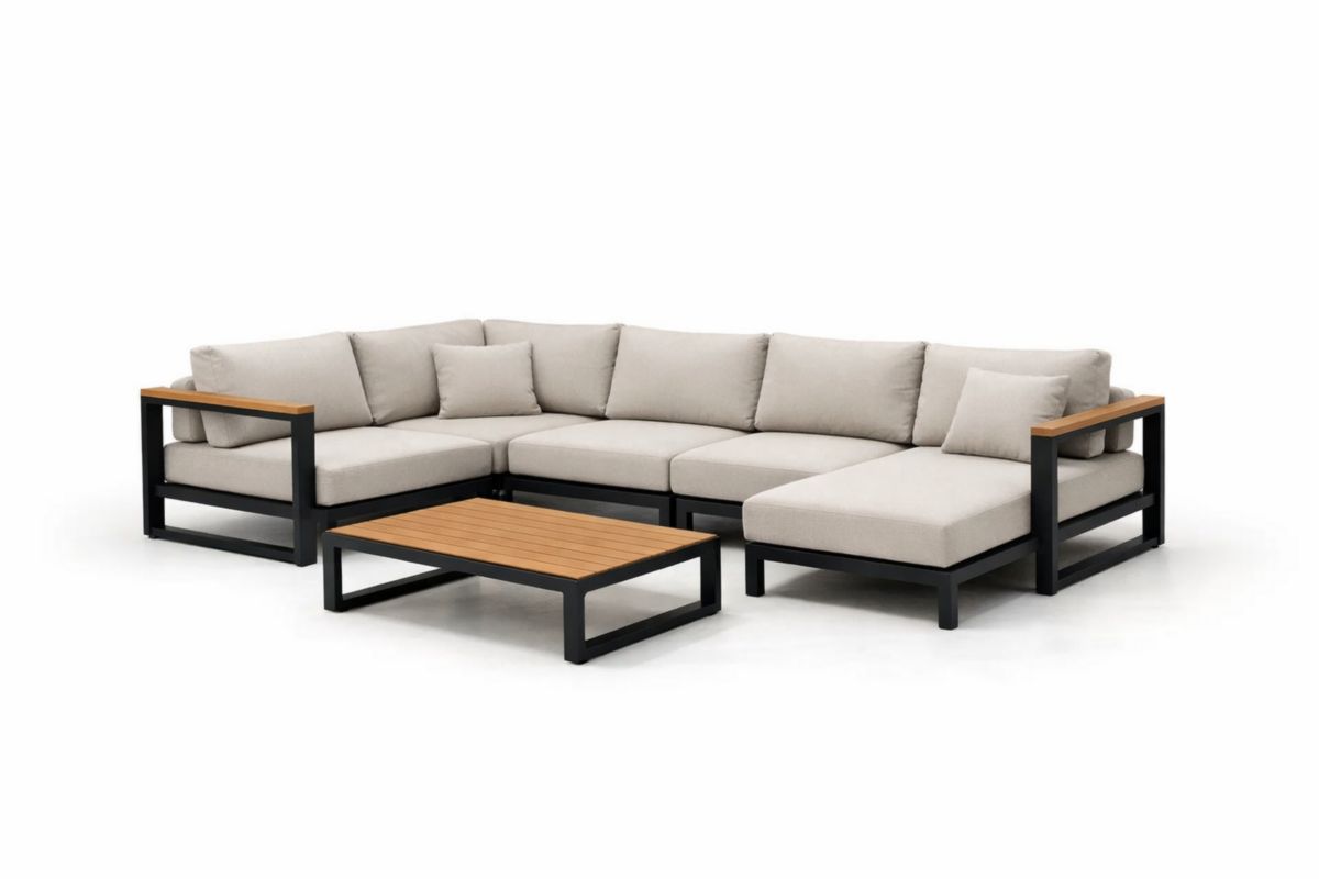 Außenbereich Ecksofa-Set mit Aluminiumrahmen und Akazienholz-Armlehnen, Beige