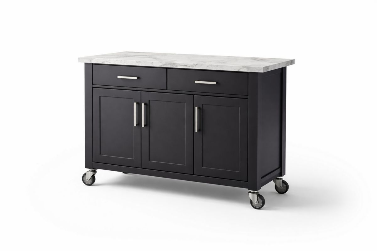 Kücheninsel mit Rollen und Marmoroptik-Arbeitsplatte, Schwarz120x60x90 cm(L × B × H)