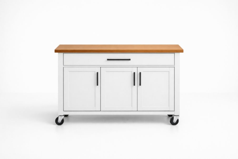 Kücheninsel mit Massivholzplatte Weiß Rollen
