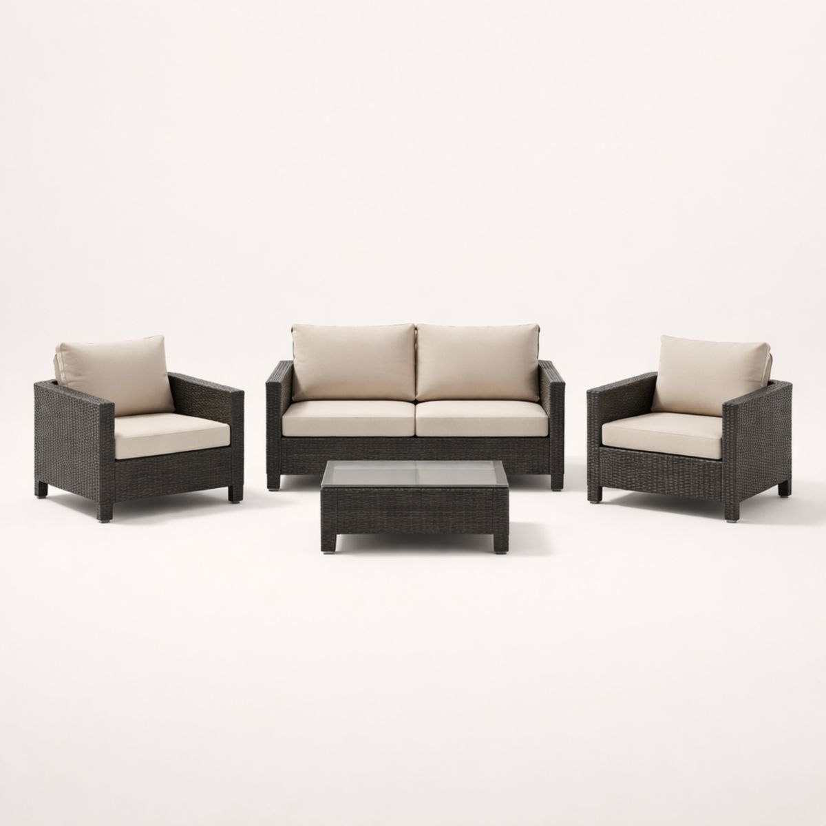 Gartenmöbel-Set aus Polyrattan mit Glastischplatte und Kissen Dunkelgrau Beige