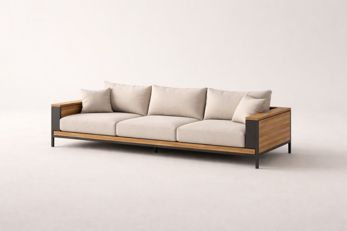 3-Sitzer Longsofa mit Massivholz- und Stahlrahmen, Baumwollpolster, Beige