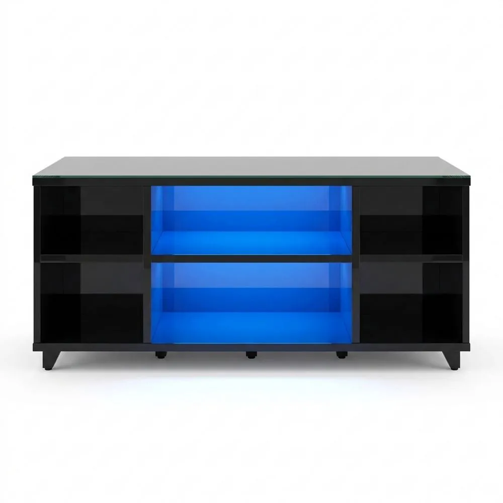 Moderner Hochglanz-Couchtisch mit LED-Beleuchtung und Verstellregal