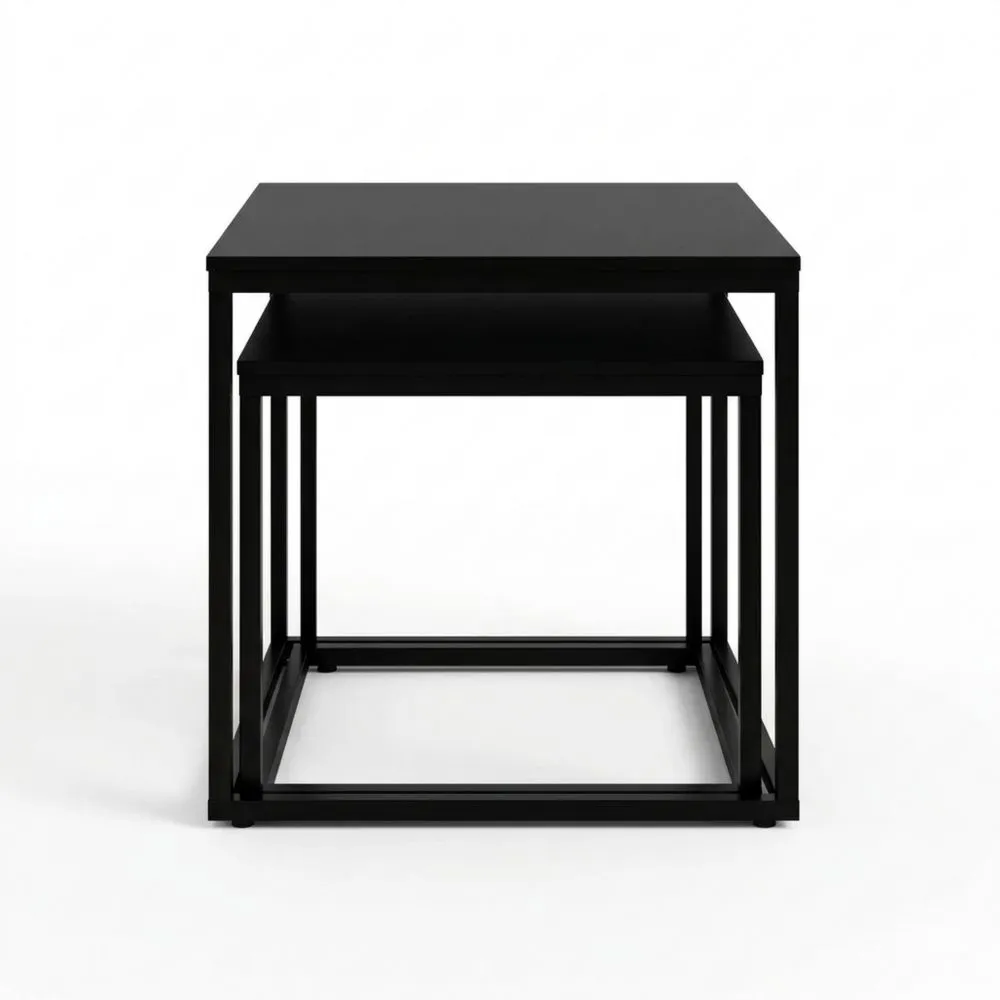 Quadratisches 2er Couchtisch-Set aus Holz mit Metallgestell, Modernes Design für Wohnzimmer und Büro