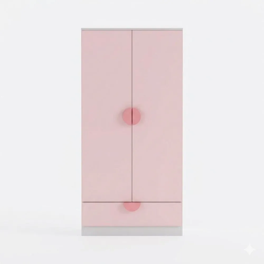 Kinderzimmer Kleiderschrank mit Türen und Schublade, Kleiderstange, Rosa/Weiß