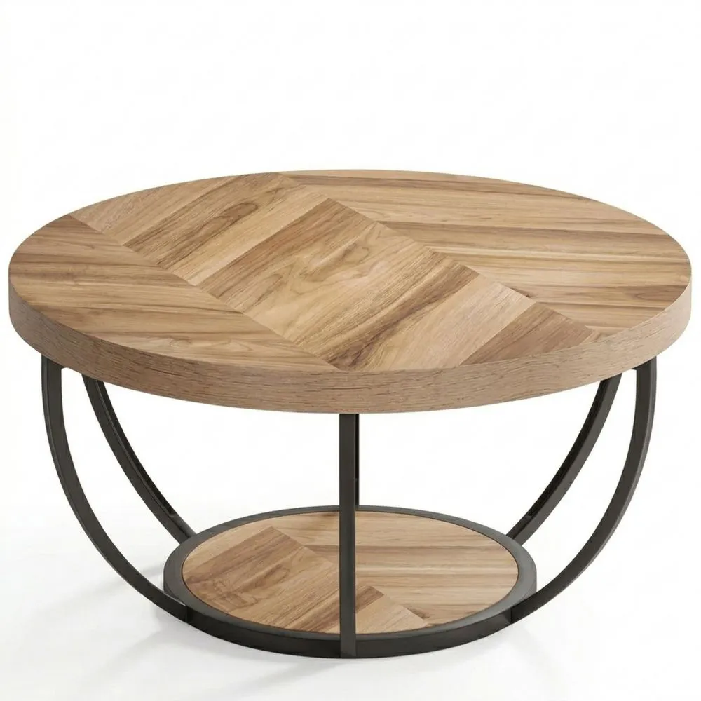 Runder Couchtisch mit Stauraum und Holzregalen für Wohnzimmer