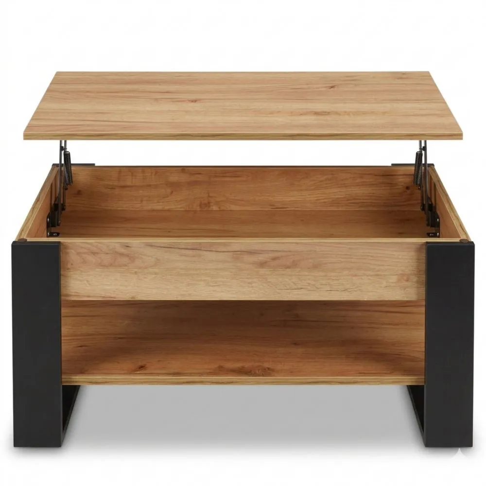 Höhenverstellbarer Couchtisch mit Stauraum und Klappfunktion in Eiche-Schwarz
