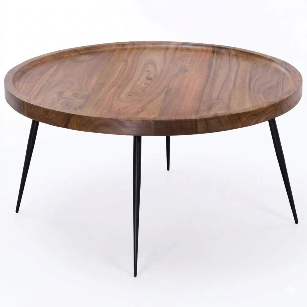 Runder Couchtisch aus massivem Sheeshamholz mit Metallbeinen im Retro-Stil