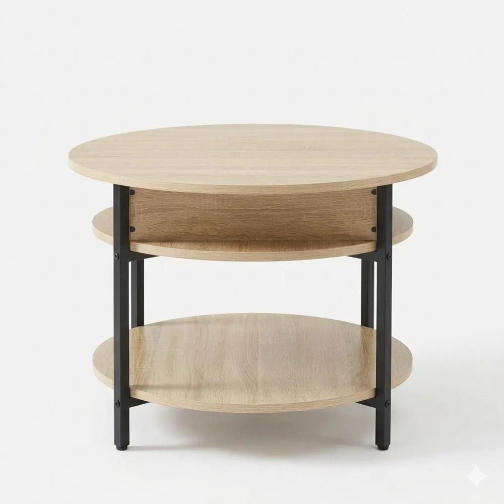 Runder Wohnzimmertisch mit Stauraum und Hebefunktion, Eicheoptik