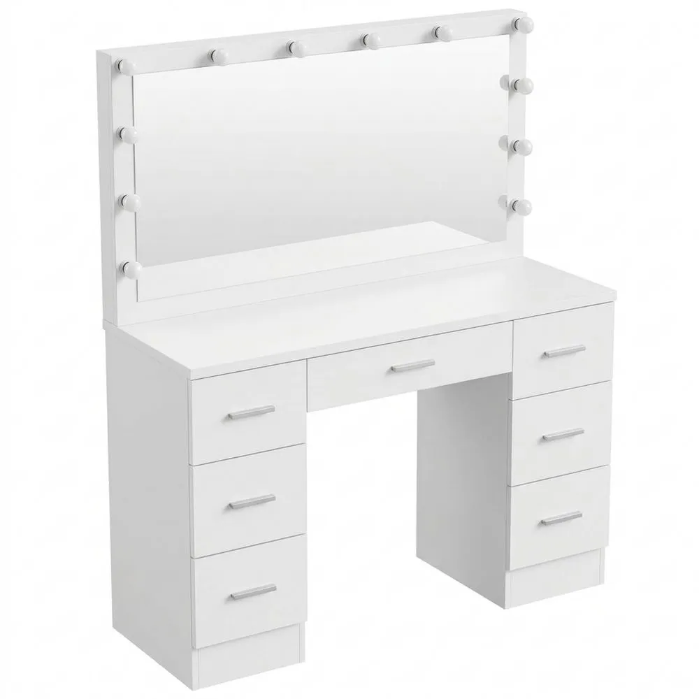 Schminktisch mit LED-Beleuchtung und Spiegel, dimmbar in 3 Farben, mit Schubladen, Weiß