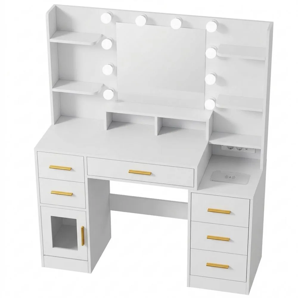 Schminktisch mit LED-Spiegel und USB-Station, 6 Schubladen, Kosmetikschrank und Haken