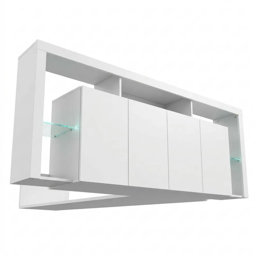 4-türige Wohnzimmer-Kommode in glänzendem Weiß, modern, 220 x 40 x 80 cm