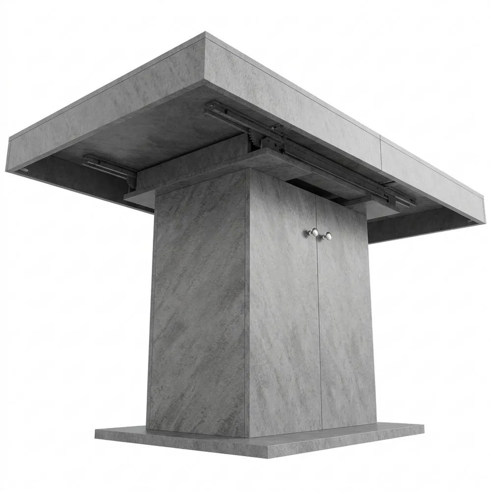 Rechteckiger Esstisch mit Stauraum und Teleskopfunktion, Platzsparend, Betonoptik