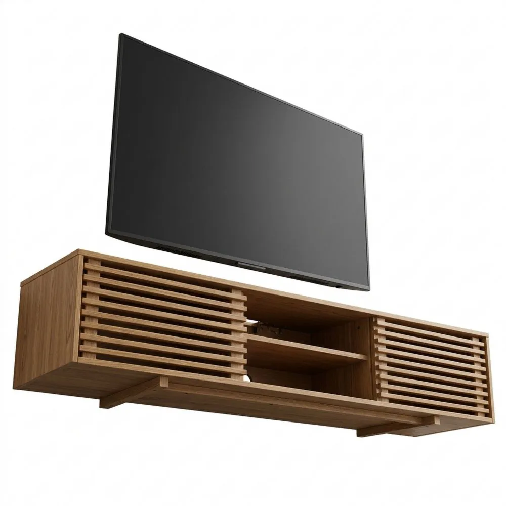 Hängendes Lowboard aus Massivholz, Eiche Finish mit Lamellentüren, Mid Century Stil, ideal für Wandmontage