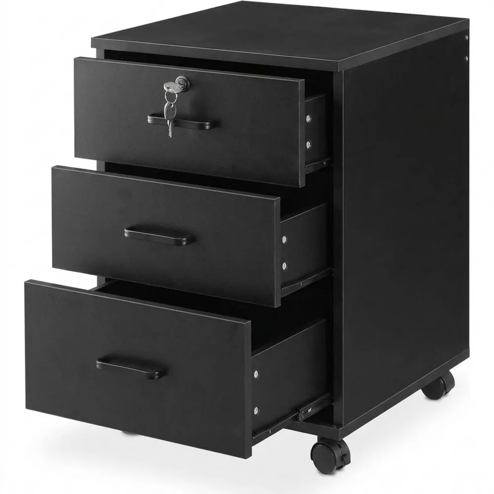 Abschließbarer Rollcontainer mit 3 Schubladen, mobiler Aktenschrank für Dokumente in DIN-A4, B Büromöbel, Schwarz