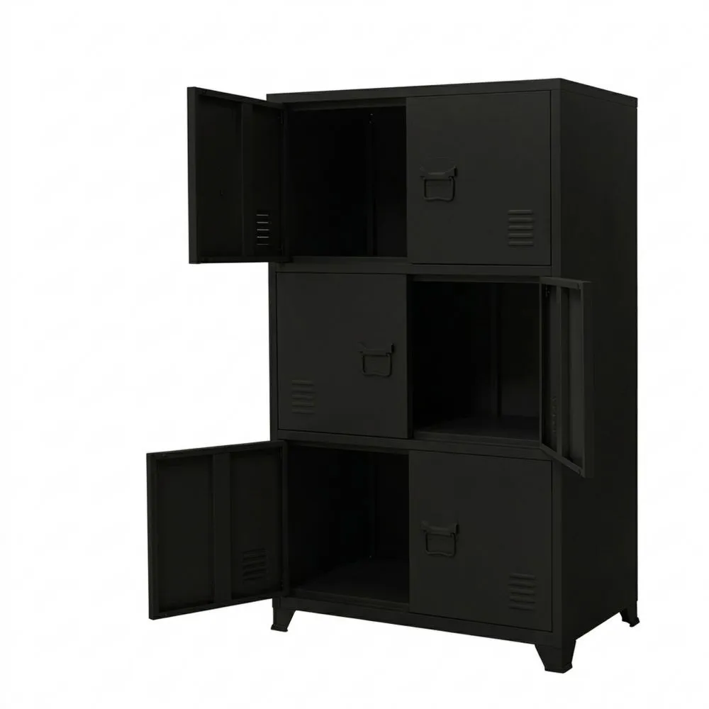 Schwarzer Stahl-Aktenschrank mit 6 Türen und 3 Innenfächern, freistehend