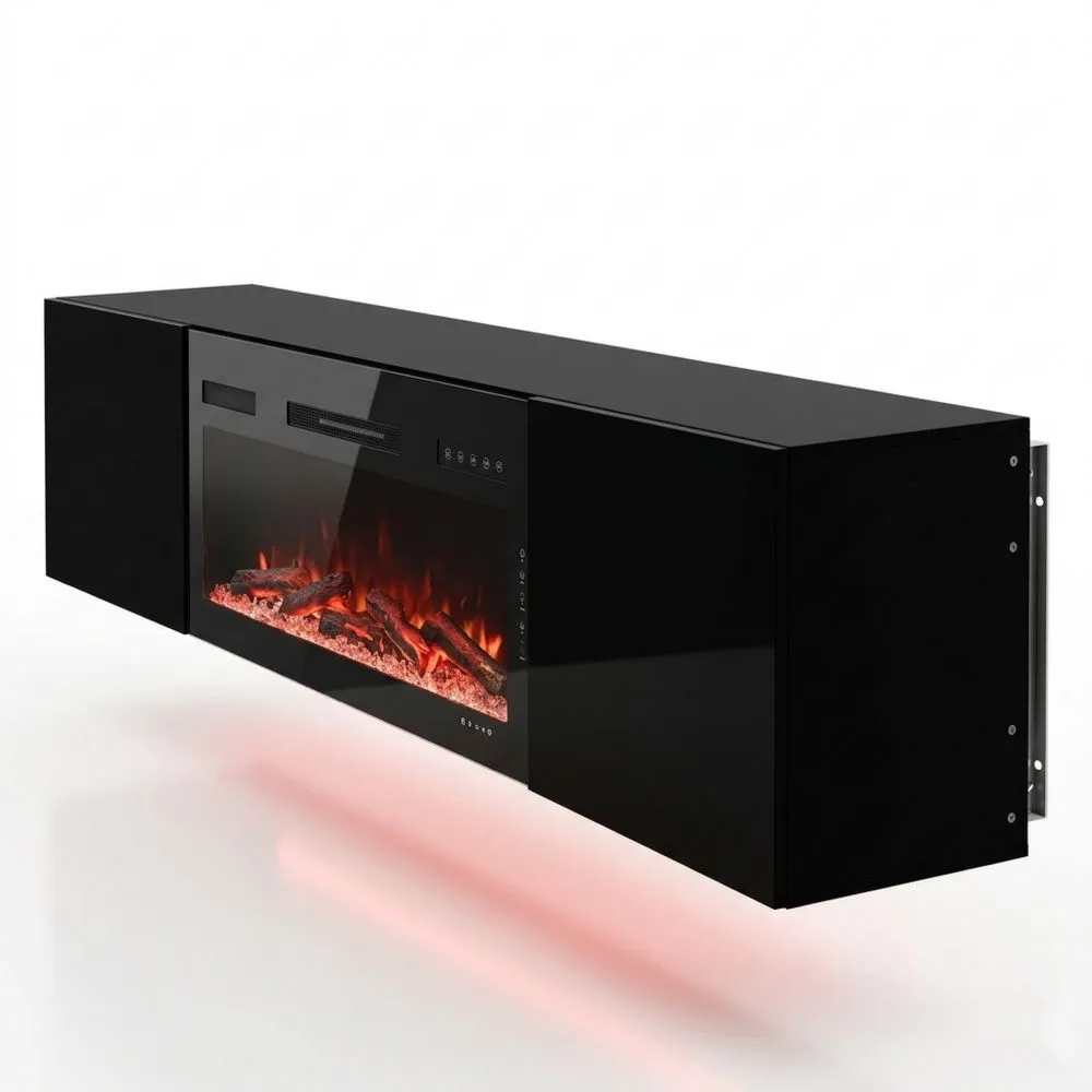 Schwebender TV-Ständer mit Elektrokamin und Stauraum, LED-Beleuchtung, für Fernseher bis 80 Zoll